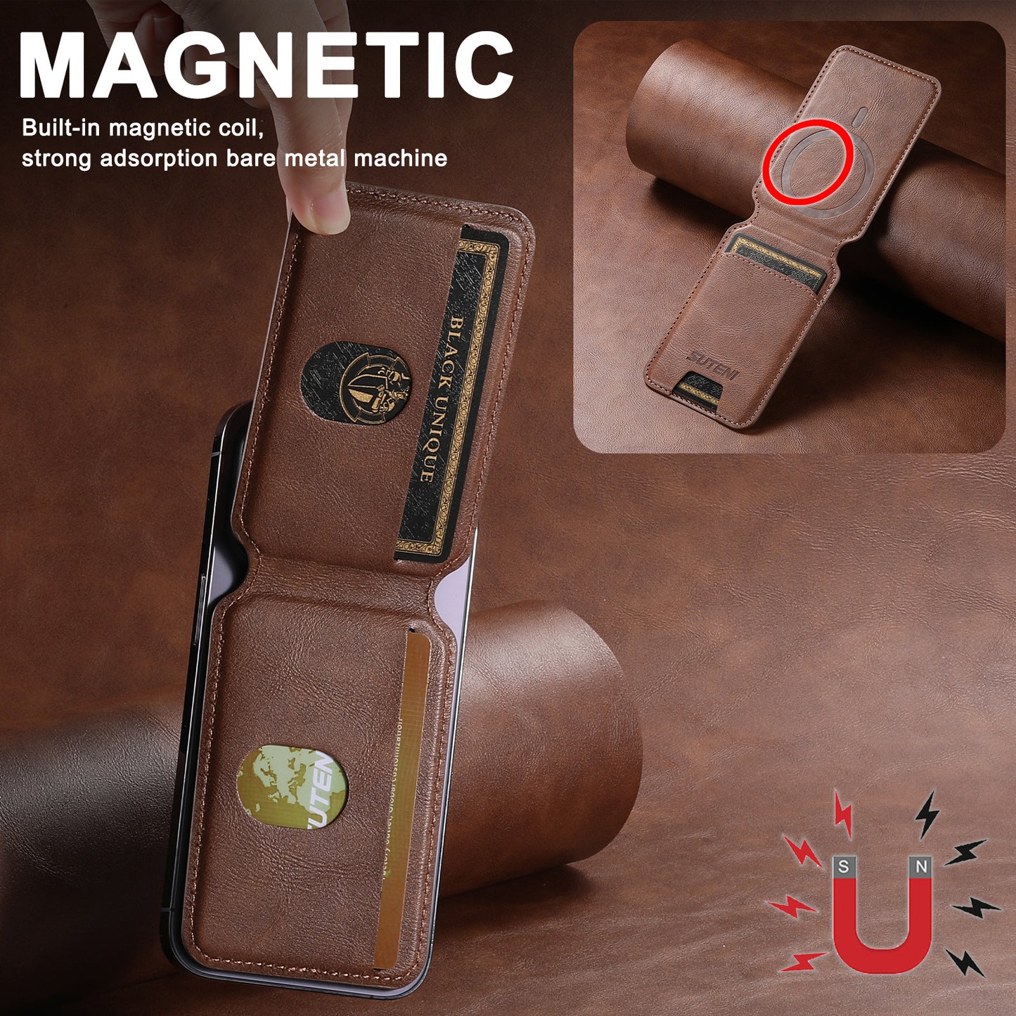 Magnetic Leather Wallet Card Holder Pouch for iPhone 15 14 13 Pro Max & Universal MagSafe Phones