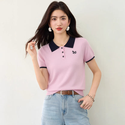 Women's Polo Neck Pink Knitted T-Shirt - Slim Fit Straight Shoulder Top