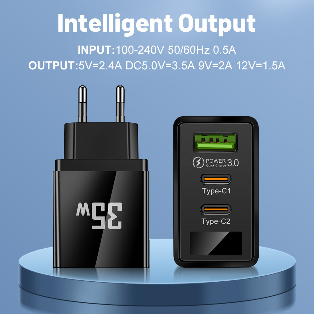 35W 3-Port Fast Wall Charger - 1 USB & 2 Type-C Intelligent Digital Display Power Adapter