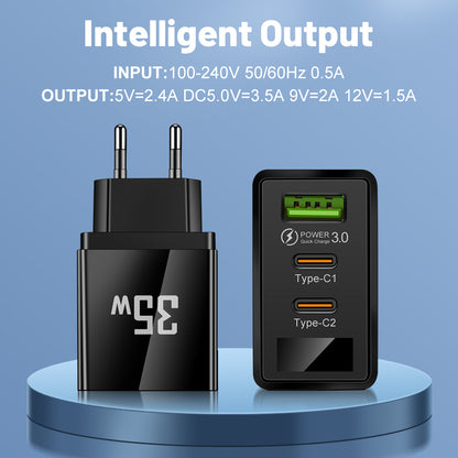 35W 3-Port Fast Wall Charger - 1 USB & 2 Type-C Intelligent Digital Display Power Adapter