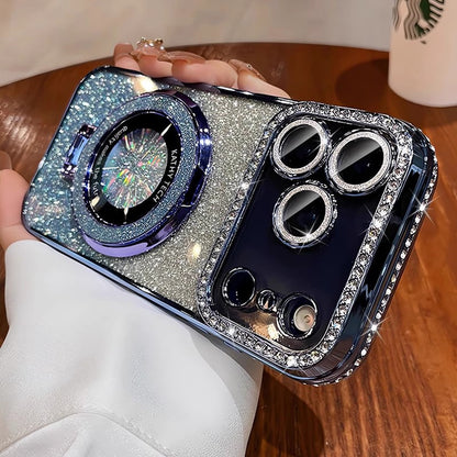 Crystal Glitter Magnetic Phone Case - Bling Stand Cover with Lens Protector for iPhone