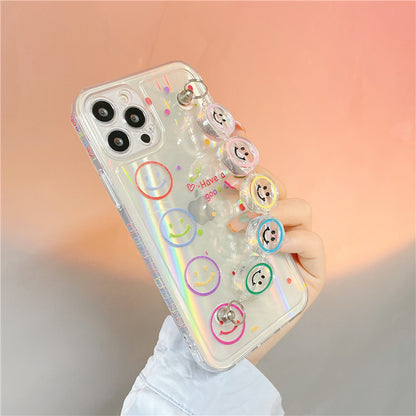 Transparent Colorful Smiley Face Phone Case with Bead Wrist Chain Bracelet for iPhone 16 15 14 13 Pro Max - Clear Soft Cover