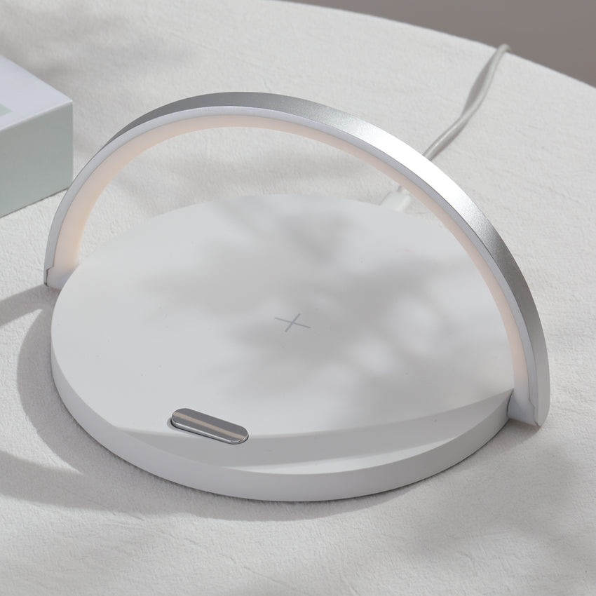 15W Fast Wireless Charger with Rainbow Night Light - Circular Wooden Desktop Phone Stand
