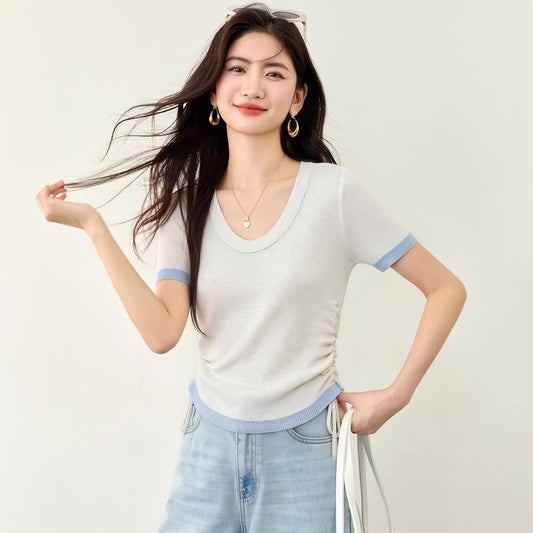 Women's U-Neck Color-Block Knit Top - Slimming Waist Cinching T-Shirt