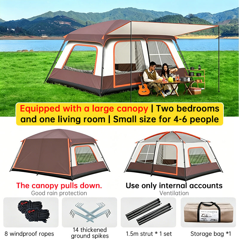 4-6 Person Family Camping Tent with Sunshade Awning - Waterproof Cabin Tent