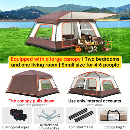 4-6 Person Family Camping Tent with Sunshade Awning - Waterproof Cabin Tent