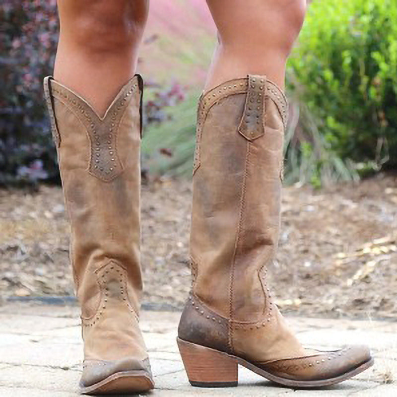 Women's Retro Long Boots with Rivets (Western Style)