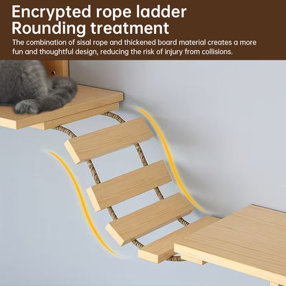 Wall Mounted Cat Climbing Shelf Set - Wooden Cat Condo, Bridges, Platforms & Scratching Post