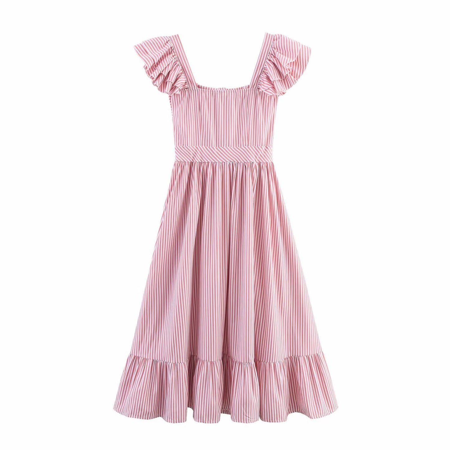 Single Breasted Striped Midi Dress - Ruffle Edge Waist Cinched Dress