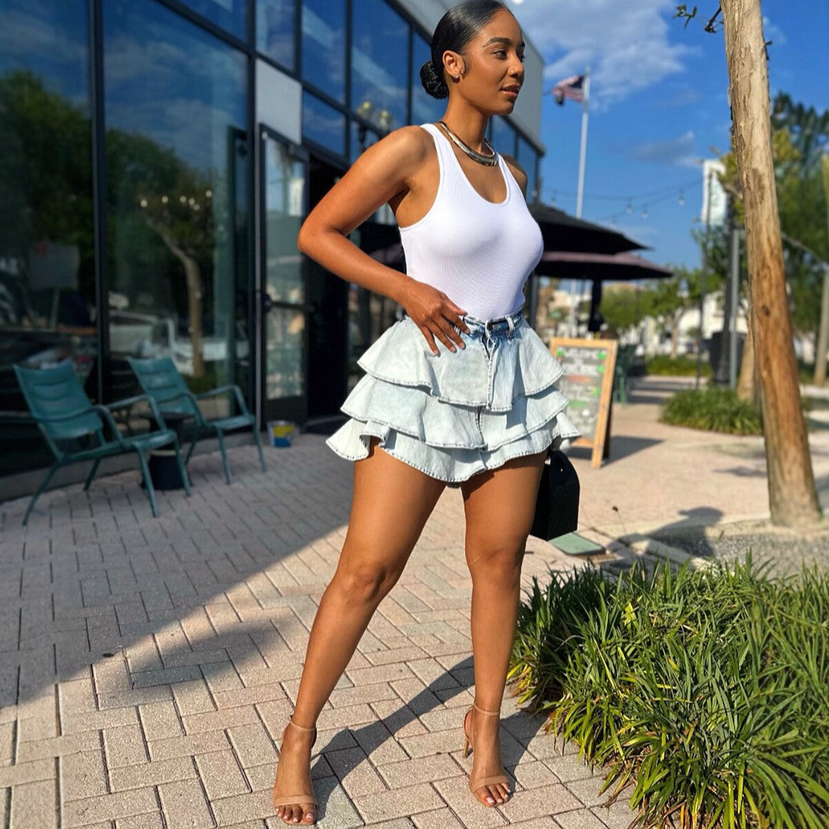 High-Waisted Denim Ruffle Mini Skirt - Fashion Irregular Skirt for Women