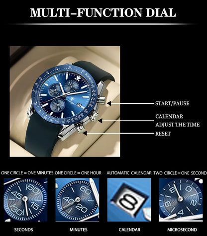 Multi-Functional Blue Dial Men's Business Watch - Premium Sports Watch with Silicone Strap