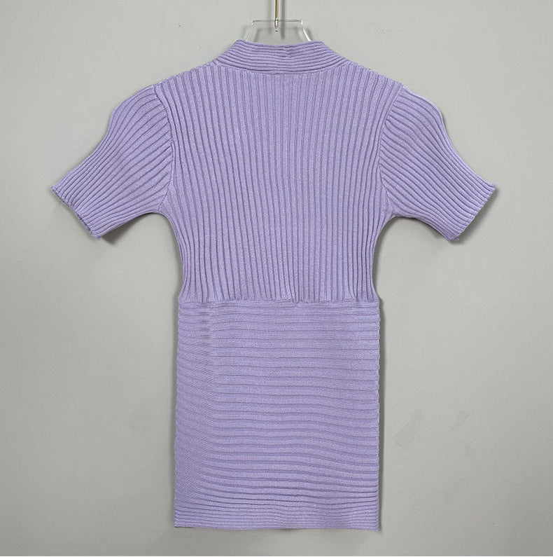 Chic V-Neck Ribbed Knit Short Sleeve Wrap Top