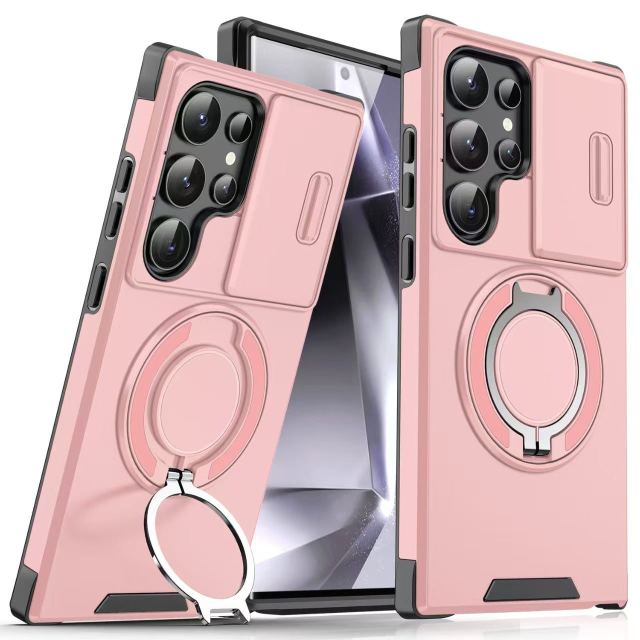 Samsung Galaxy Shockproof Armor Case - Rotating Ring Kickstand & Sliding Camera Lens Cover