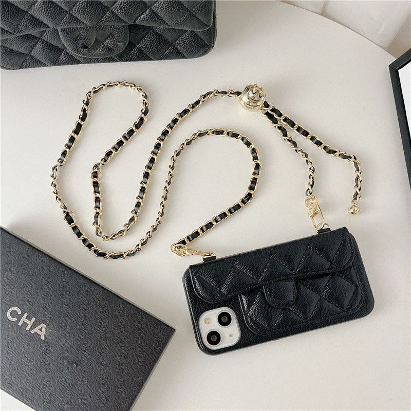 Luxury Quilted Leather Wallet Phone Case with Crossbody Chain & Card Holder for iPhone 16 15 14 13 Pro Max
