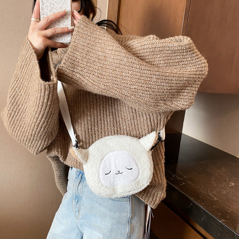 Cute Cat Doll Plush Crossbody Shoulder Bag for Women (Small Round)