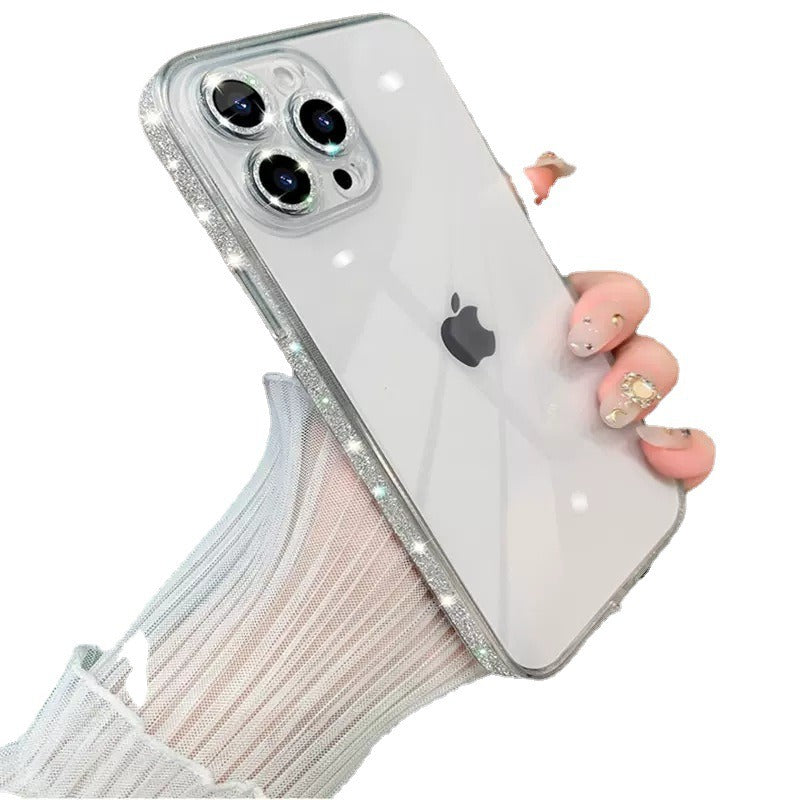 Aesthetic Glitter Rhinestone Edge Clear iPhone Case - Mirror Back Glass Lens Protection Cover