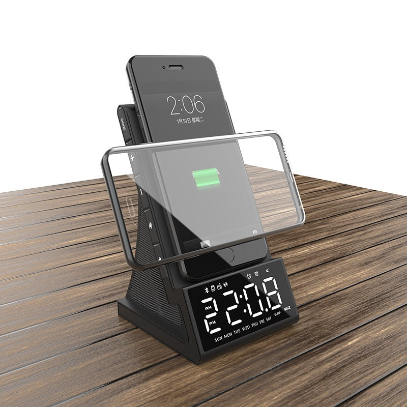 3-in-1 Wireless Charger & Bluetooth Speaker - Desktop Alarm Clock with Phone Holder Stand
