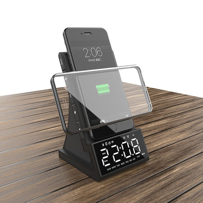 3-in-1 Wireless Charger & Bluetooth Speaker - Desktop Alarm Clock with Phone Holder Stand