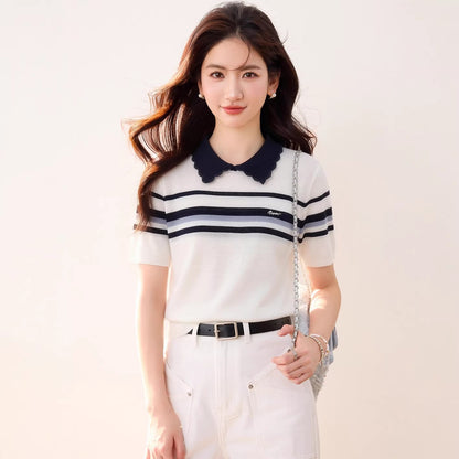 Women's Color-Blocking Stripe Knit Top - Casual Short Sleeve Workwear Shirt