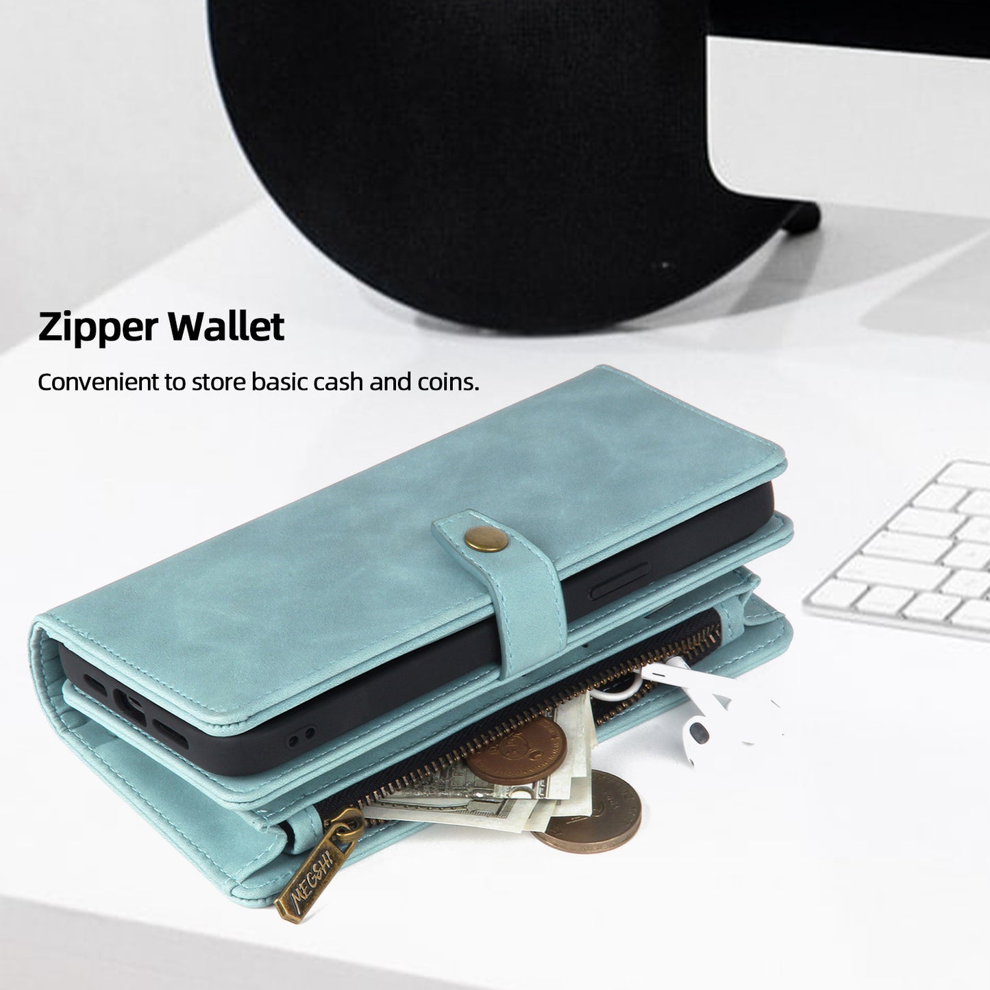 Multi-Card Slot Leather Flip Wallet Case for iPhone 15 14 13 12 Pro Max - Zipper Pocket Cover with Wristlet