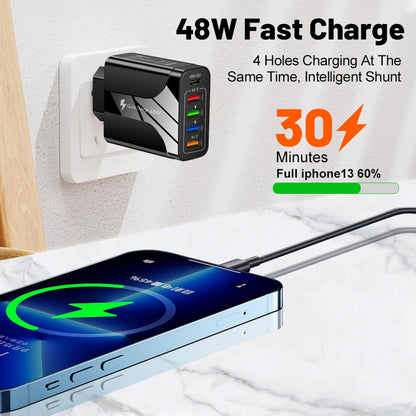 Multi-Interface 48W Fast Charging Head - 4 USB and PD Port Travel Wall Charger