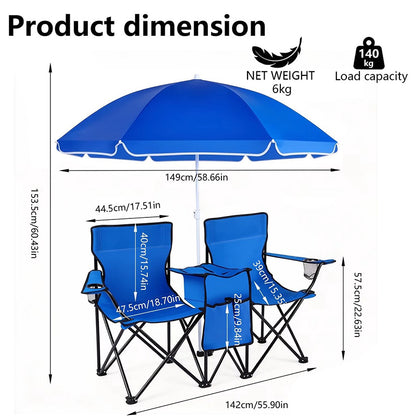 Double Camping Loveseat Chair with Umbrella - Folding Outdoor Beach Chair Set with Cooler & Side Table