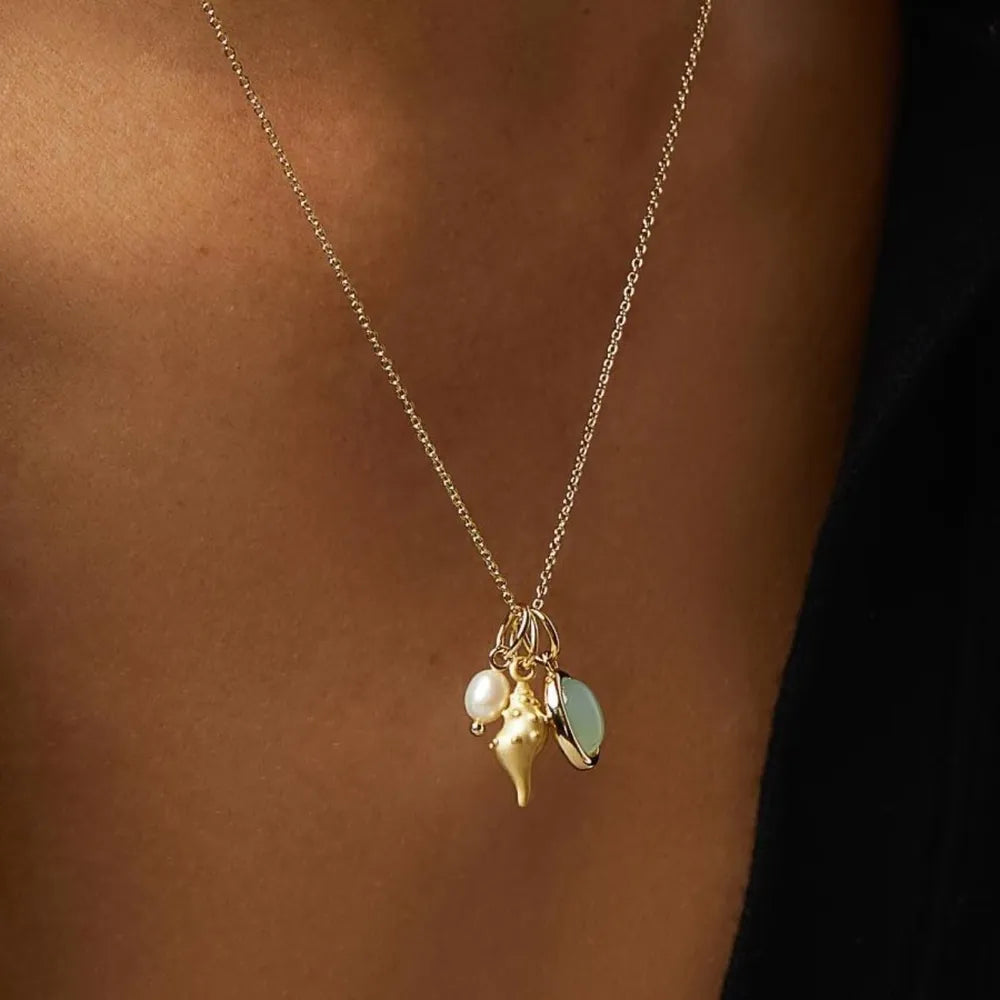 14K Gold Plated Natural Shell & Crystal Charm Necklace