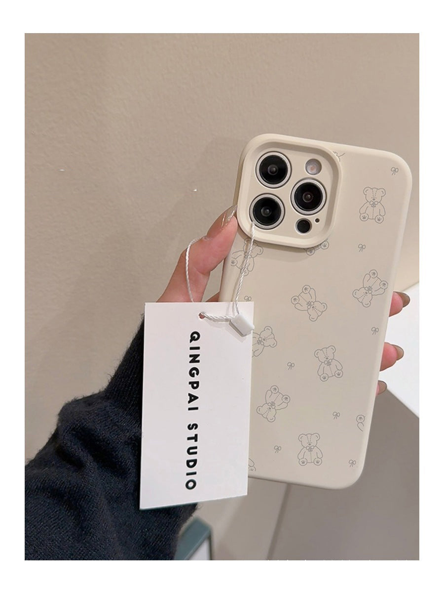 Cute Teddy Bear Pattern Liquid Silicone Phone Case for iPhone 16 15 14 Pro Max - Soft Lens Protection Cover