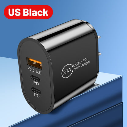 20W USB & Dual PD Type-C Fast Wall Charger - Multi-Port Universal Travel Charging Adapter