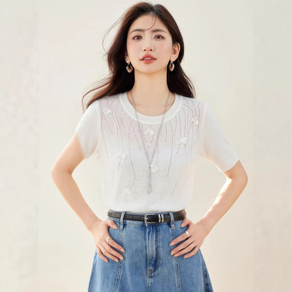 Chic Embellished Sequin Beaded Knit Top - Round Neck Office Casual Style