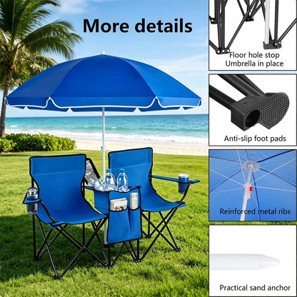 Double Camping Loveseat Chair with Umbrella - Folding Outdoor Beach Chair Set with Cooler & Side Table