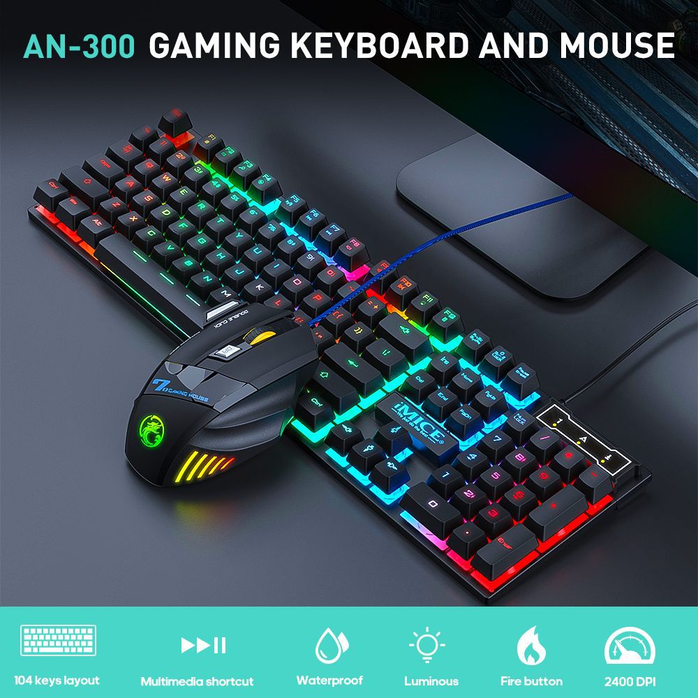 AN-300 Wired Gaming Keyboard and Mouse Set - Floating Keycap Rainbow Backlit Mechanical Feel Combo