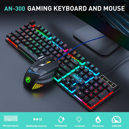 AN-300 Wired Gaming Keyboard and Mouse Set - Floating Keycap Rainbow Backlit Mechanical Feel Combo