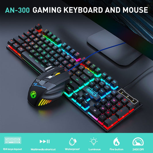 AN-300 Wired Gaming Keyboard and Mouse Set - Floating Keycap Rainbow Backlit Mechanical Feel Combo