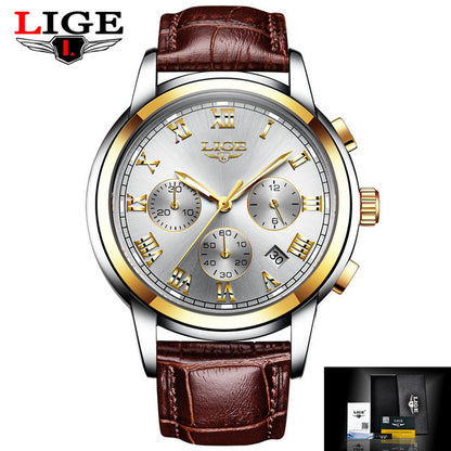 LIGE Casual Fashion Luminous Quartz Watch with Brown Leather Strap