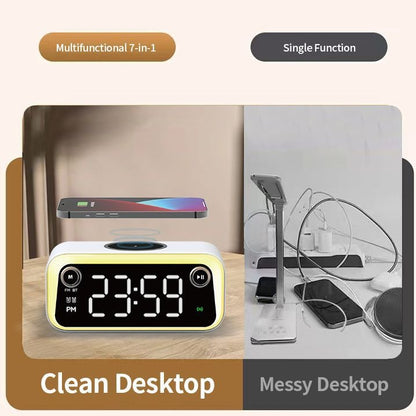 Wireless Charging Bluetooth Speaker Desk Clock - LED Digital Alarm Clock with Thermometer