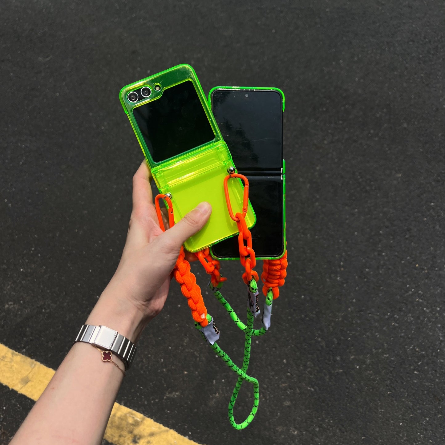 Trendy Crossbody Chain Strap Clear Neon Green Case - Shockproof Cover for Samsung Z Flip 5 Flip 4