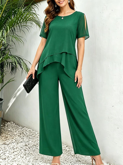 Women's Elegant Irregular Layered Top and Wide-Leg Pants Two-Piece Set