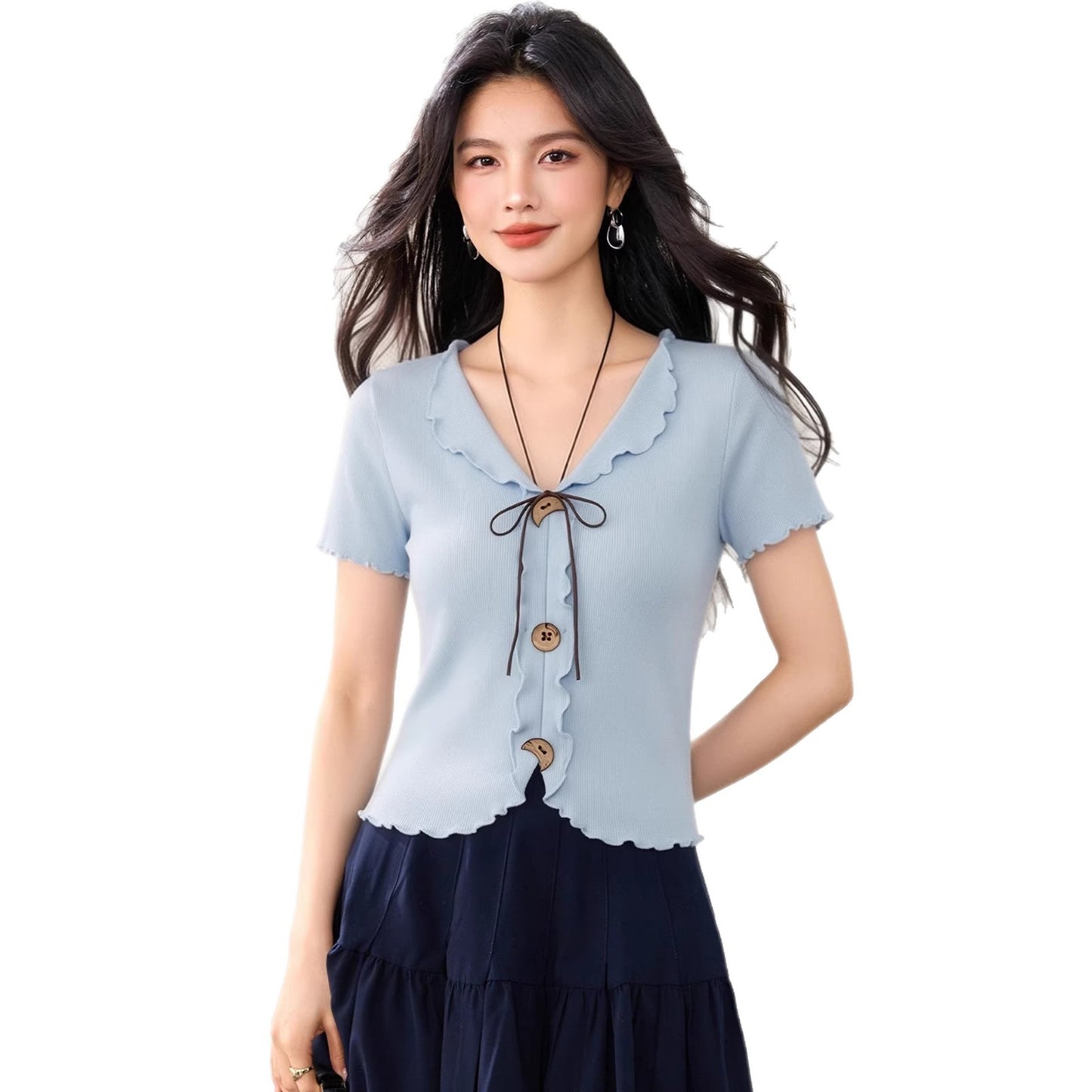 Elegant Ruffle Collar Short Sleeve Knitwear - Chic Bow Design Top for Women