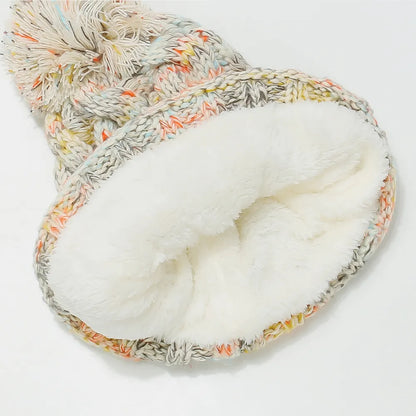 Chunky Knit Contrast Pompom Beanie Hat | Warm Winter Cable Knit Cap
