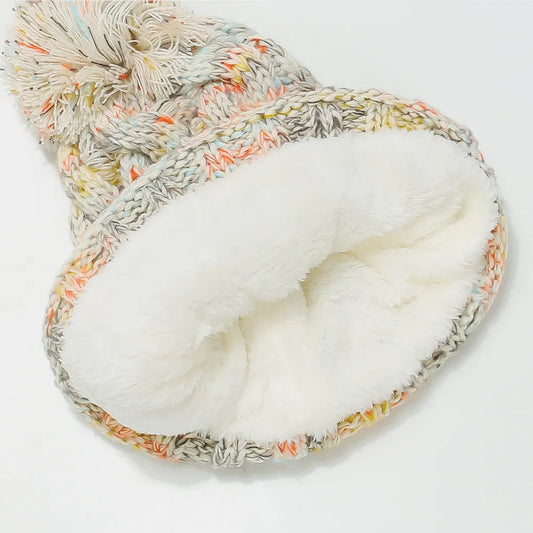 Chunky Knit Contrast Pompom Beanie Hat | Warm Winter Cable Knit Cap