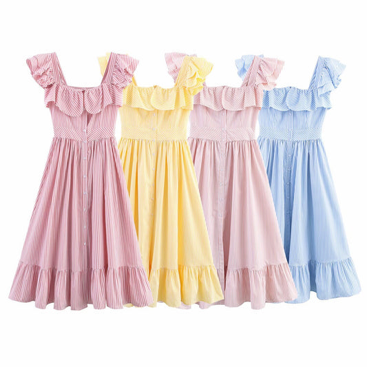 Single Breasted Striped Midi Dress - Ruffle Edge Waist Cinched Dress
