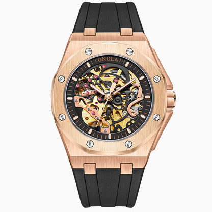 Fashionable Rose Gold Men's Watch - Premium Mechanical Timepiece with Silicone Strap