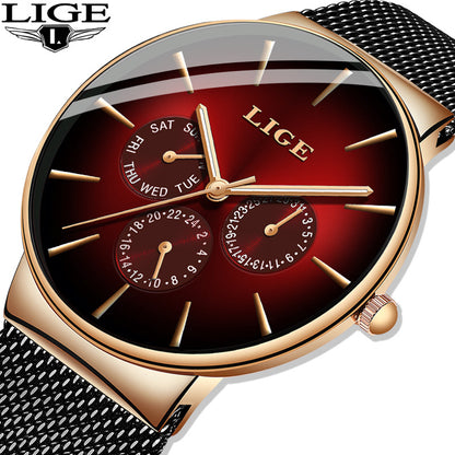 LIGE Men's Luxury Quartz Watch - Slim Mesh Strap Waterproof Business Wristwatch