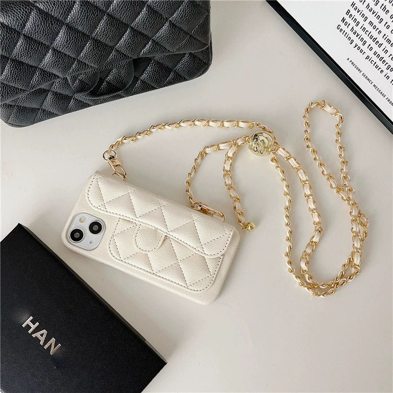 Luxury Quilted Leather Wallet Phone Case with Crossbody Chain & Card Holder for iPhone 16 15 14 13 Pro Max