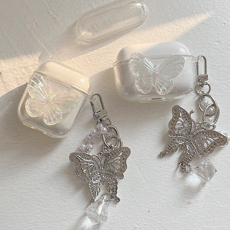 Aesthetic Clear Butterfly Earphone Case with Silver Metal Keychain & Pearl Chain for AirPods 1 / 2 / Pro / 3