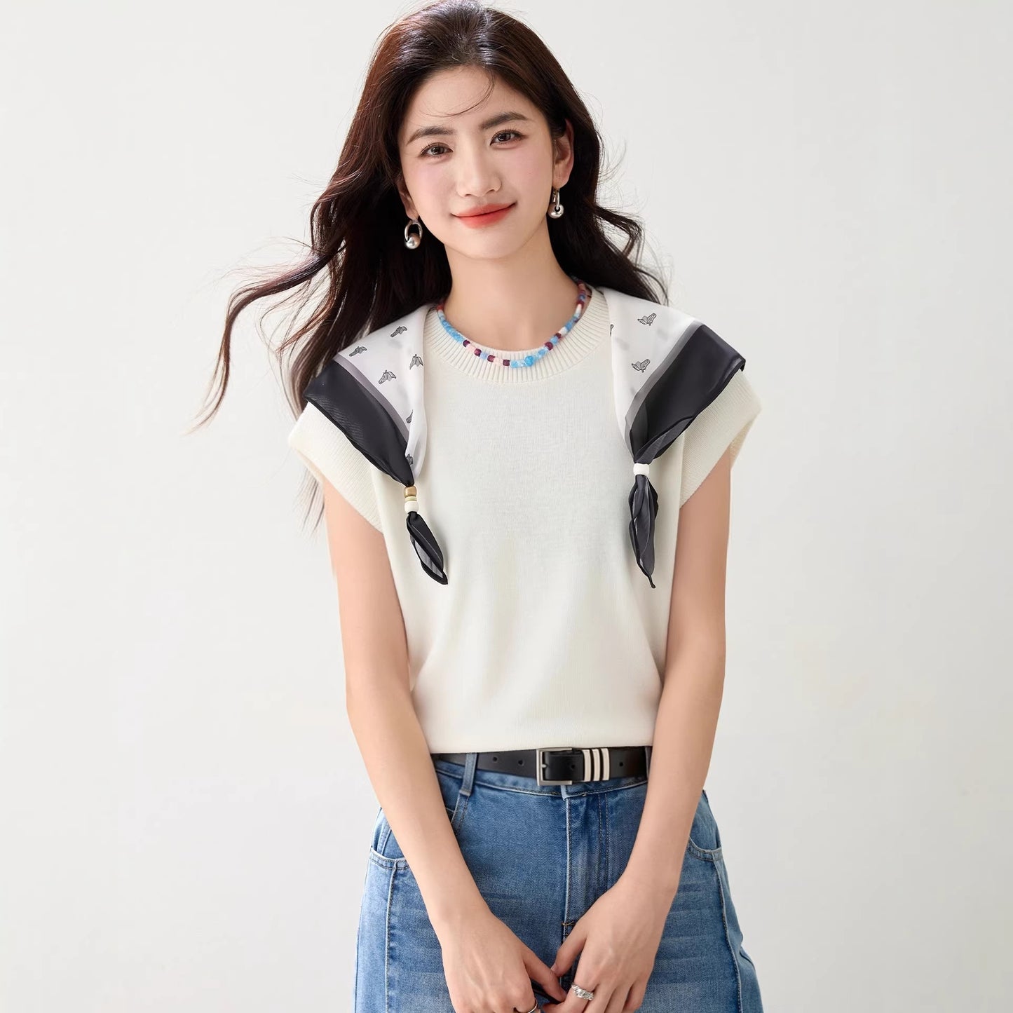 Women's Fashionable Scarf Detail Knit Top - Elegant Slim Fit Summer Tee