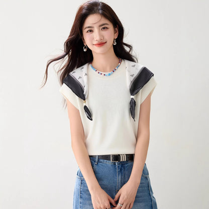 Women's Fashionable Scarf Detail Knit Top - Elegant Slim Fit Summer Tee