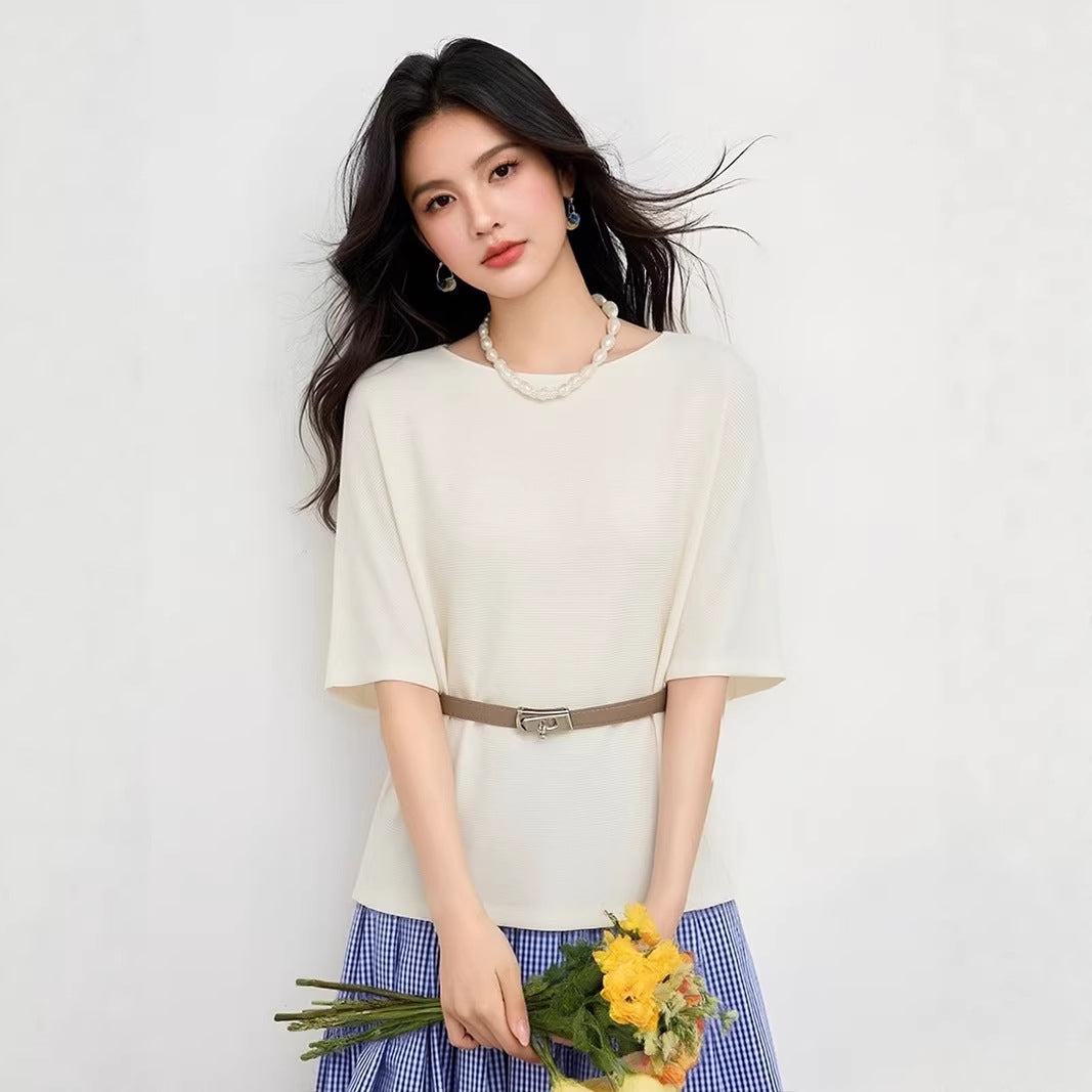 Women's Ice Silk Knit Top - Summer Loose Casual Short Sleeve T-Shirt