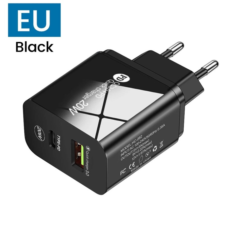 Dual-Port 20W Fast Charging Head - USB and Type-C Wall Charger Adapter
